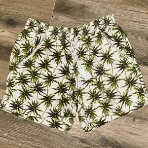 Briggs Linen-Rayon Palm Print Pull-on Elastic/Drawstring Waist Shorts w/Pockets